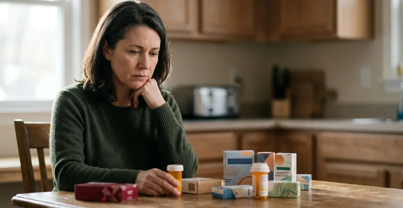 Personne consultant de manière inquiète plusieurs boîtes de médicaments sans ordonnance pour douleurs dorsales