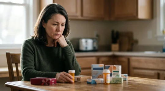 Personne consultant de manière inquiète plusieurs boîtes de médicaments sans ordonnance pour douleurs dorsales