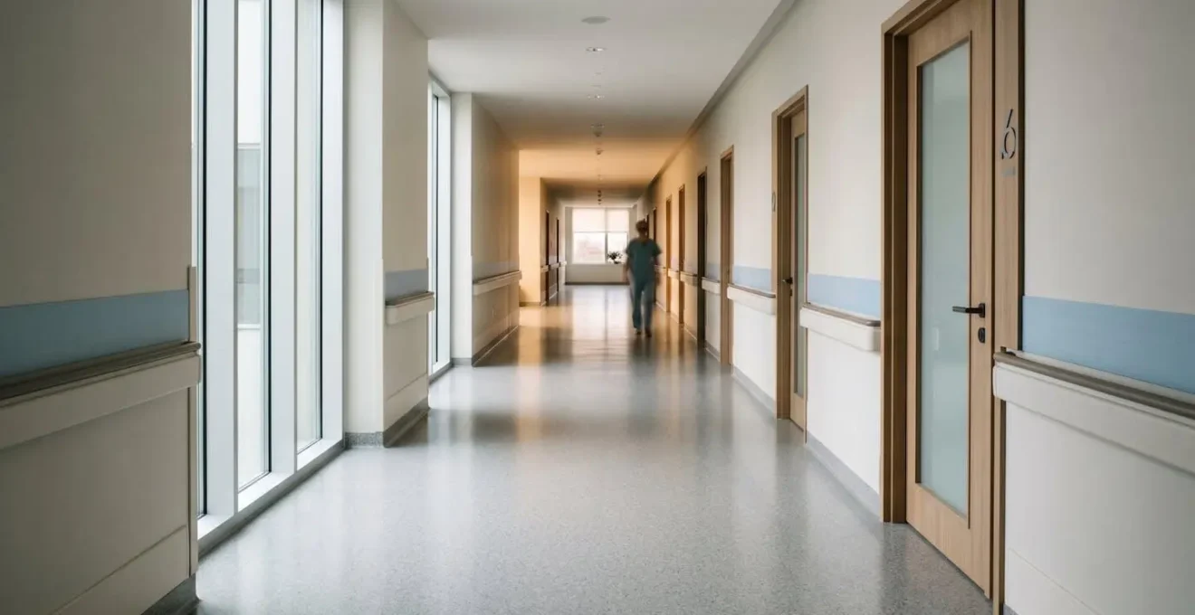 Vue sobre d'un environnement hospitalier évoquant les frais d'hébergement et le choix d'une chambre