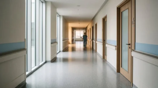 Vue sobre d'un environnement hospitalier évoquant les frais d'hébergement et le choix d'une chambre