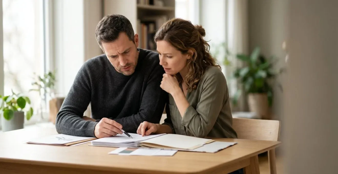 Couple analysant ensemble des options de mutuelle sante avec documents et ordinateur