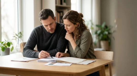 Couple analysant ensemble des options de mutuelle sante avec documents et ordinateur