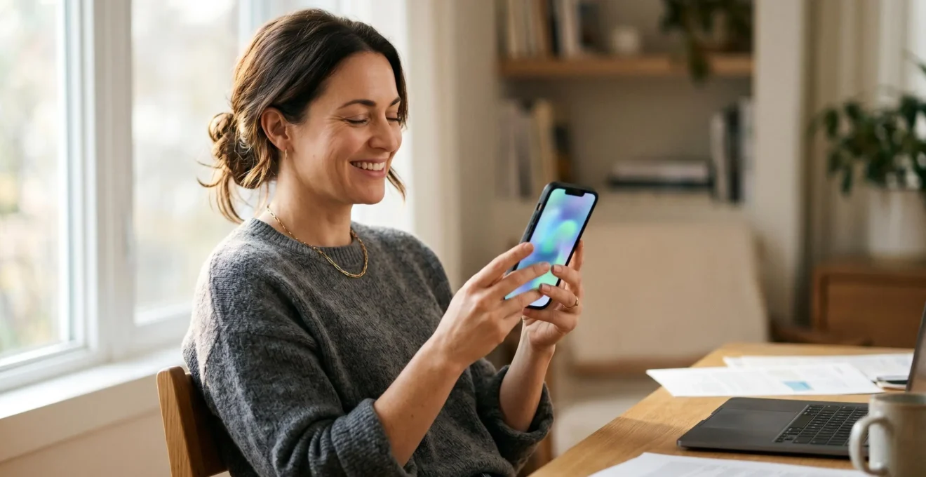 Personne soulagée consultant son compte Ameli sur son téléphone avec documents administratifs en arrière-plan