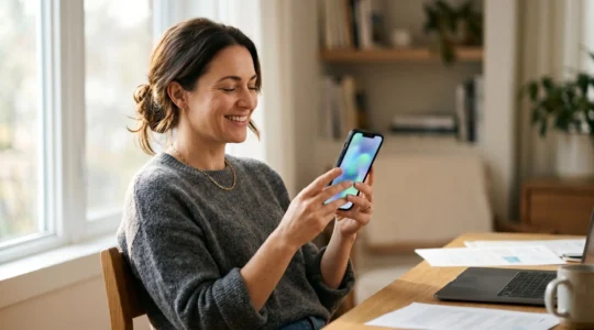Personne soulagée consultant son compte Ameli sur son téléphone avec documents administratifs en arrière-plan