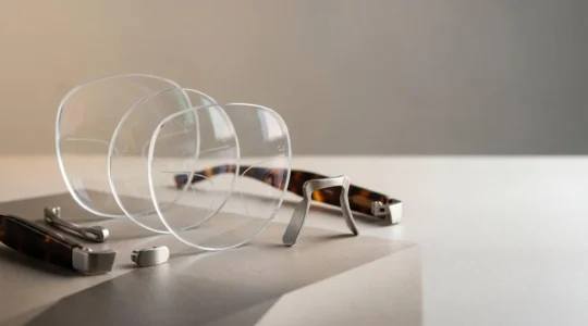Scène éditoriale représentant la décision d'achat de lunettes progressives