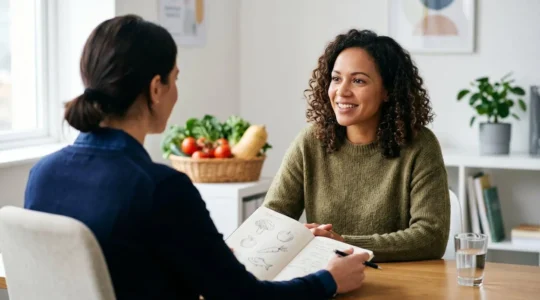 Professionnel de santé et patient discutant alimentation et remboursement mutuelle