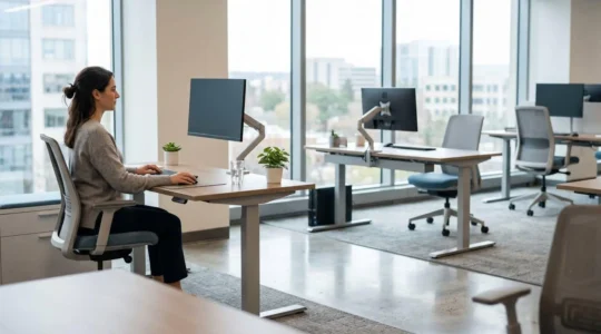 Professionnel au travail adoptant une posture ergonomique pour protéger son appareil locomoteur