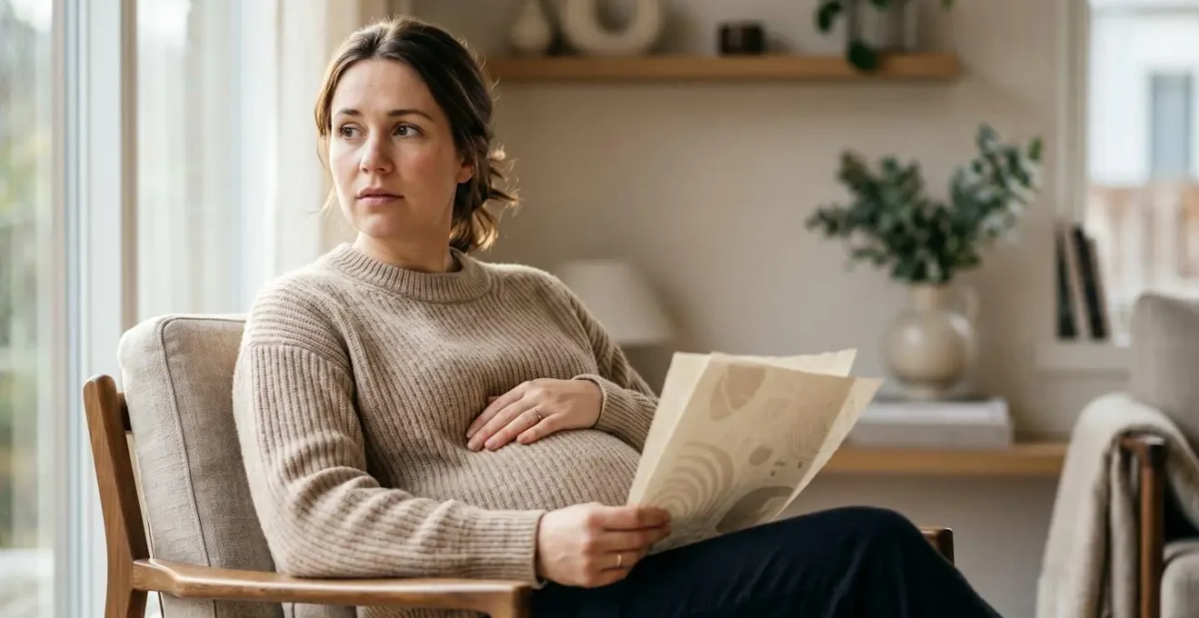 Femme enceinte consultant des documents de mutuelle santé dans un environnement calme et lumineux