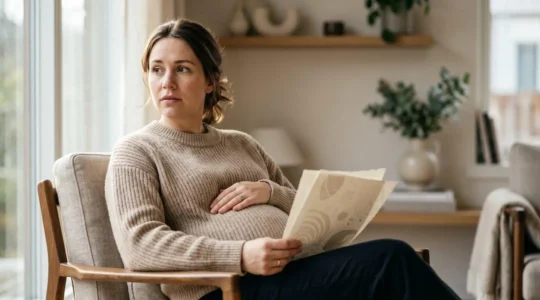 Femme enceinte consultant des documents de mutuelle santé dans un environnement calme et lumineux