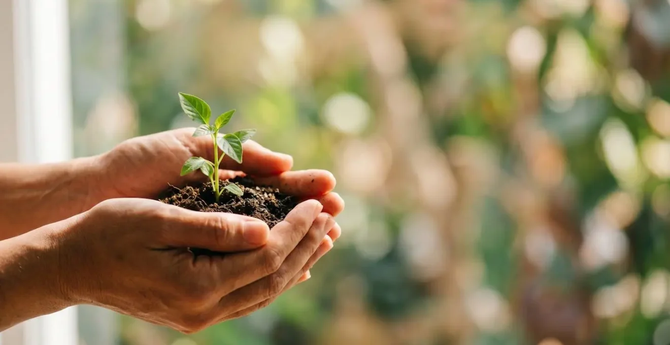 Mains tenant délicatement une plante verte symbolisant le bien-être et la croissance personnelle dans un environnement lumineux et apaisant