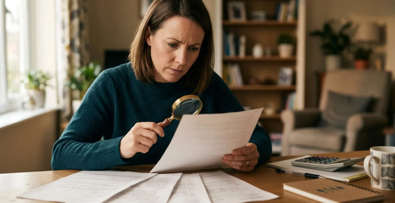 Personne lisant attentivement un document de garanties de mutuelle santé avec loupe et calculatrice