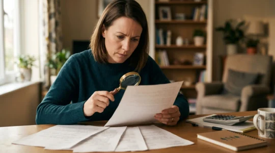 Personne lisant attentivement un document de garanties de mutuelle santé avec loupe et calculatrice