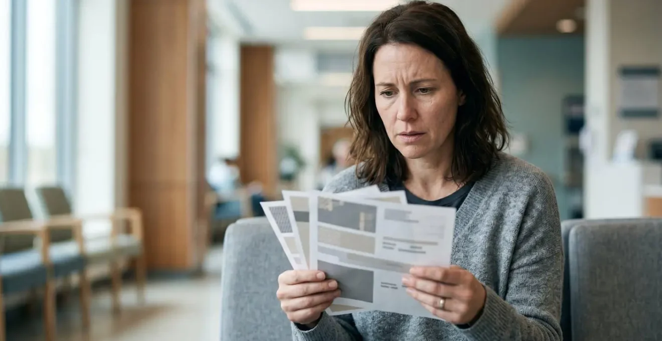 Patient examinant avec inquiétude des documents médicaux dans un environnement hospitalier