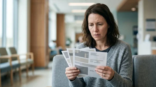 Patient examinant avec inquiétude des documents médicaux dans un environnement hospitalier