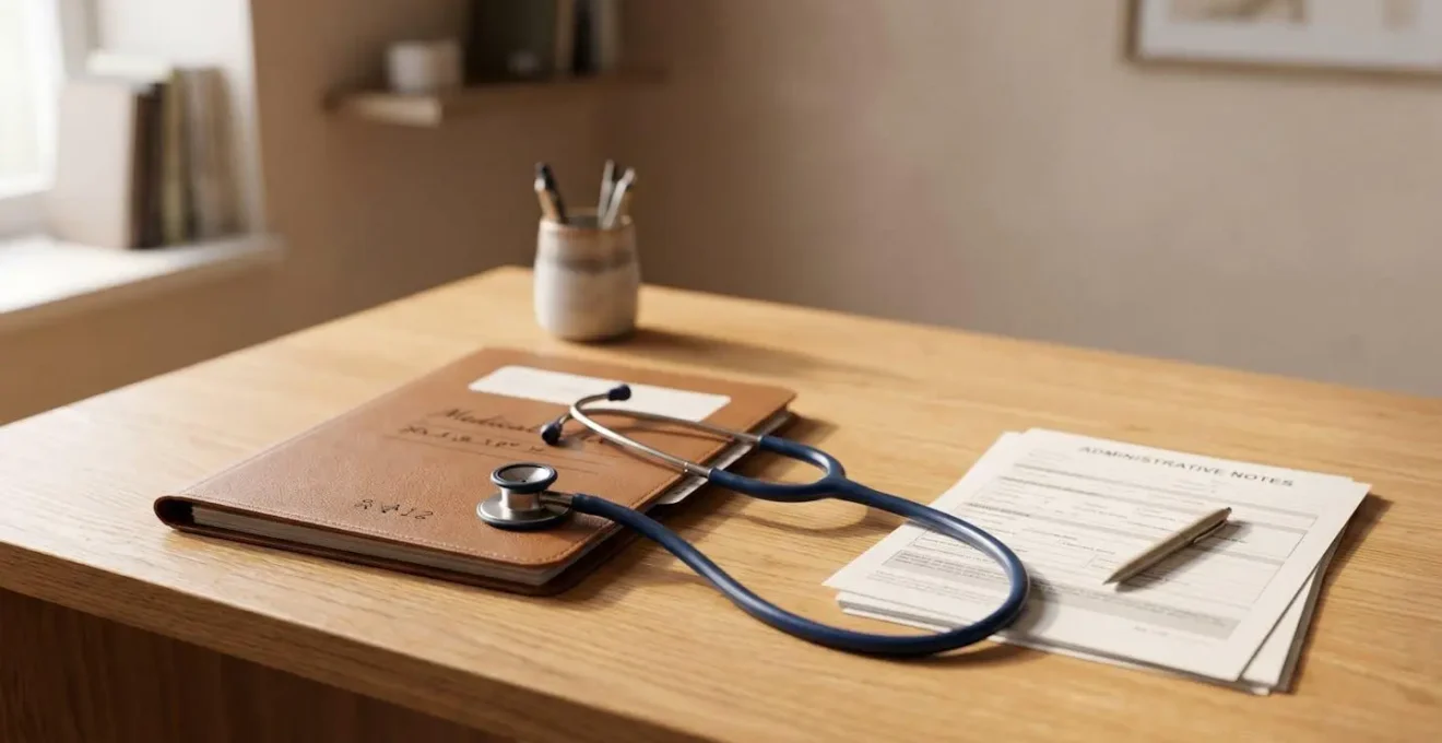 Consultation médicale avec dossier administratif et stéthoscope évoquant le parcours de soins coordonnés pour l'acupuncture