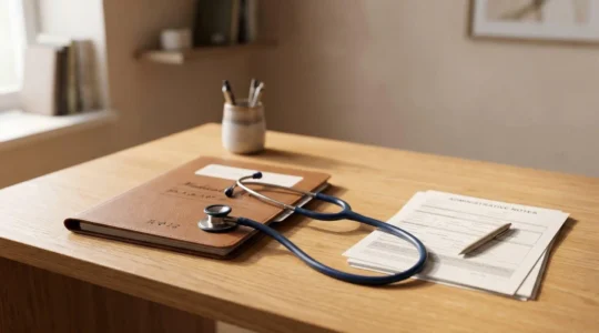 Consultation médicale avec dossier administratif et stéthoscope évoquant le parcours de soins coordonnés pour l'acupuncture