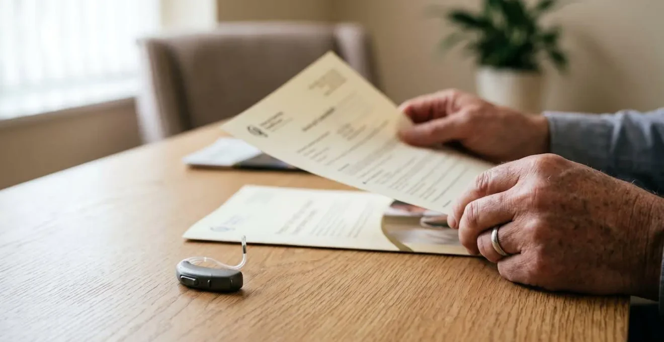 Personne consultant un document de remboursement pour une prothèse auditive de haute technologie
