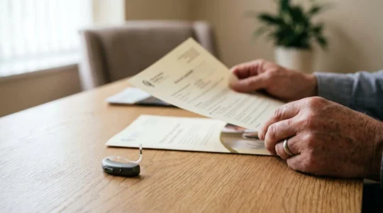 Personne consultant un document de remboursement pour une prothèse auditive de haute technologie