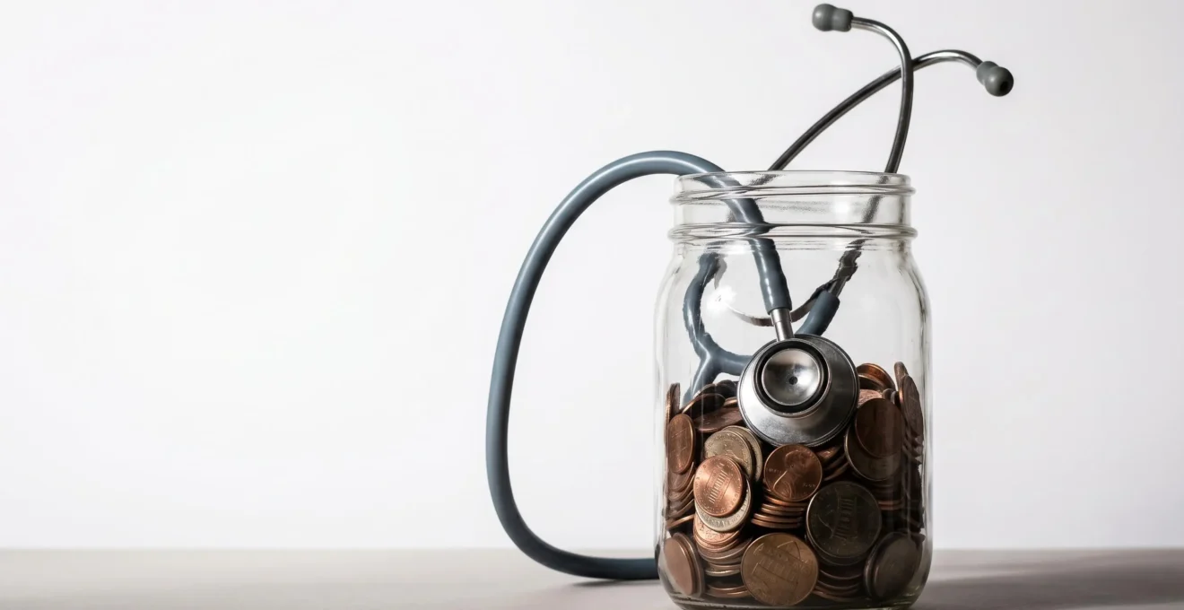 Composition symbolique illustrant la baisse des remboursements de santé malgré des cotisations élevées