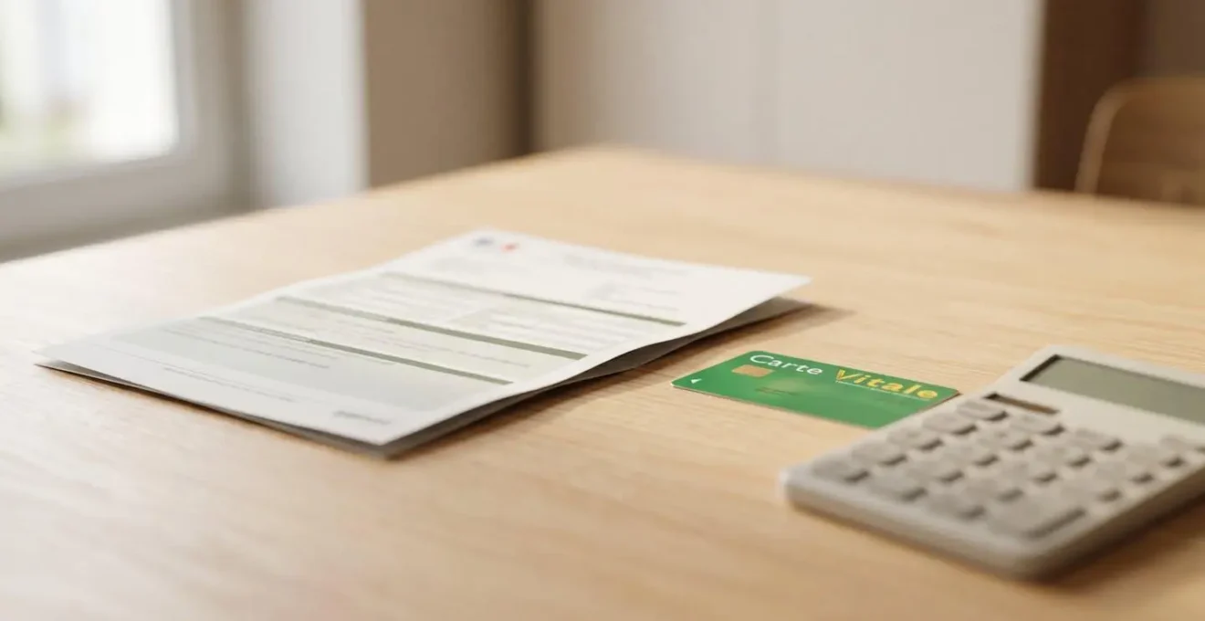 Personne consultant un document de remboursement de santé avec carte vitale et calculatrice sur bureau épuré