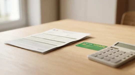 Personne consultant un document de remboursement de santé avec carte vitale et calculatrice sur bureau épuré