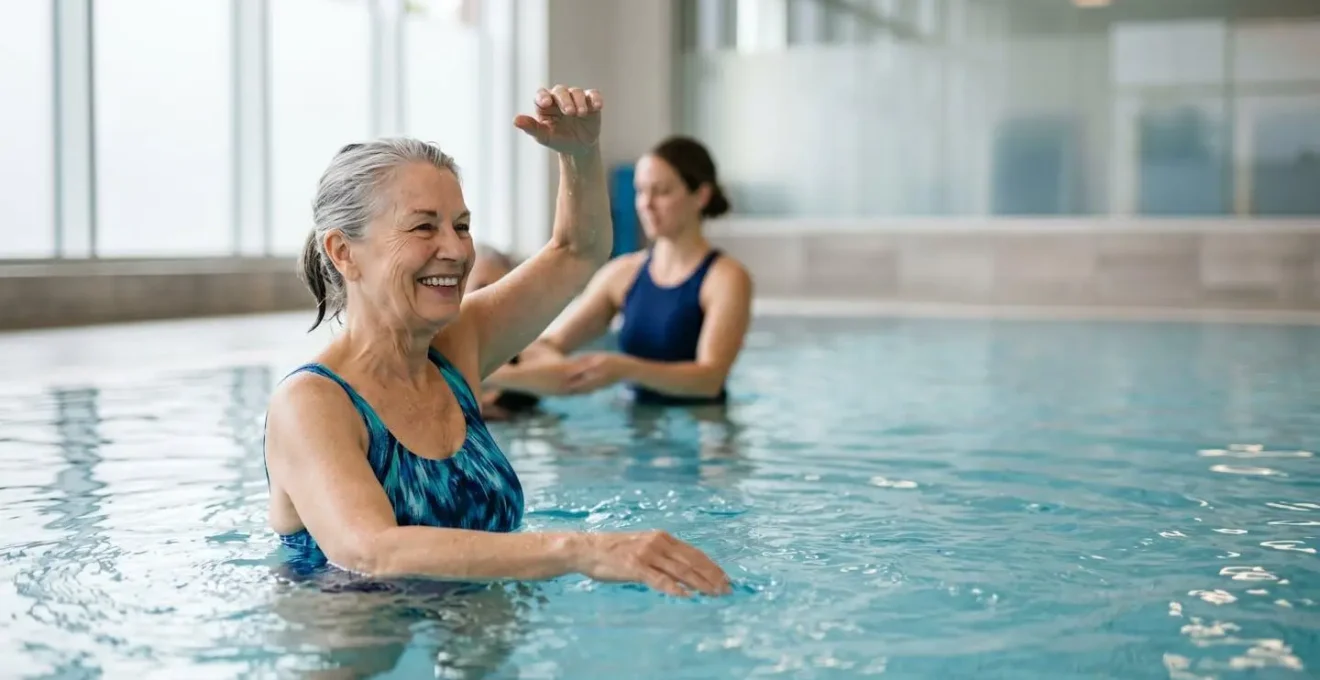 Senior pratiquant une séance d'aquagym adaptée dans une piscine avec un coach professionnel