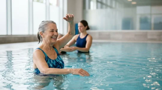 Senior pratiquant une séance d'aquagym adaptée dans une piscine avec un coach professionnel