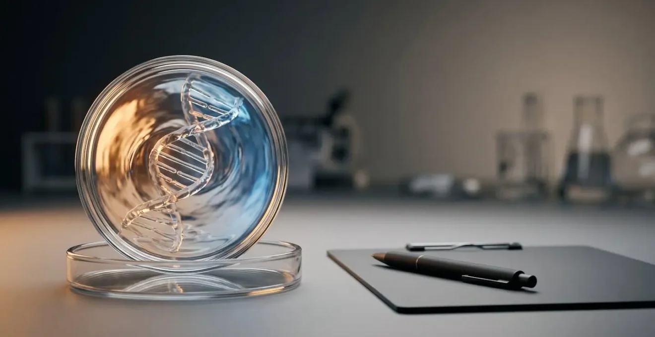 Concept visuel représentant l'intersection entre tests génétiques et assurabilité future, avec un traitement éditorial professionnel
