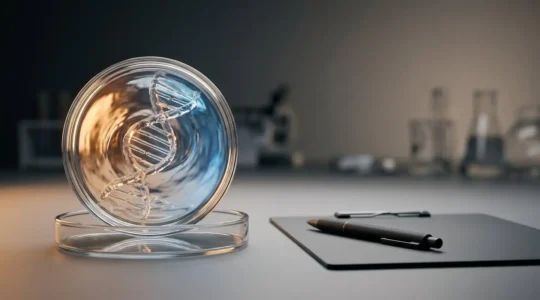 Concept visuel représentant l'intersection entre tests génétiques et assurabilité future, avec un traitement éditorial professionnel